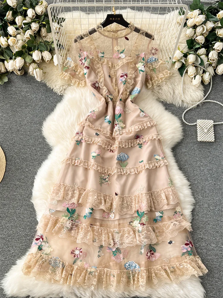 

New In Dresses For Women 2024 Party Elegant Vintage Flower Embroidery Dress Short Sleeve Round Neck Tiered Lace Mesh Midi Dress