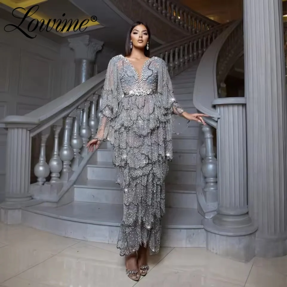 Wykwintna różowo-szara warstwowa suknia wieczorowa z pełnym zdobieniem kryształkami, szyta na miarę, z bufiastymi rękawami, suknie na przyjęcia, arabskie suknie balowe w stylu Dubai, suknia.