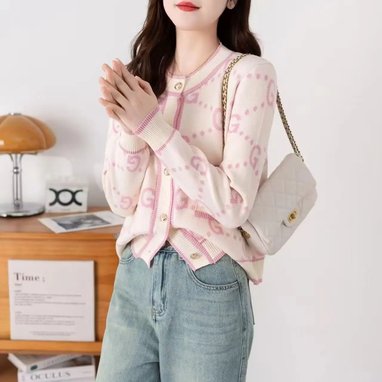 England Classic Letter Jacquard Sweaters Cardigan Elegant Lady Button Up Knitwear Long Sleeve Winter Streetwear Women Tops