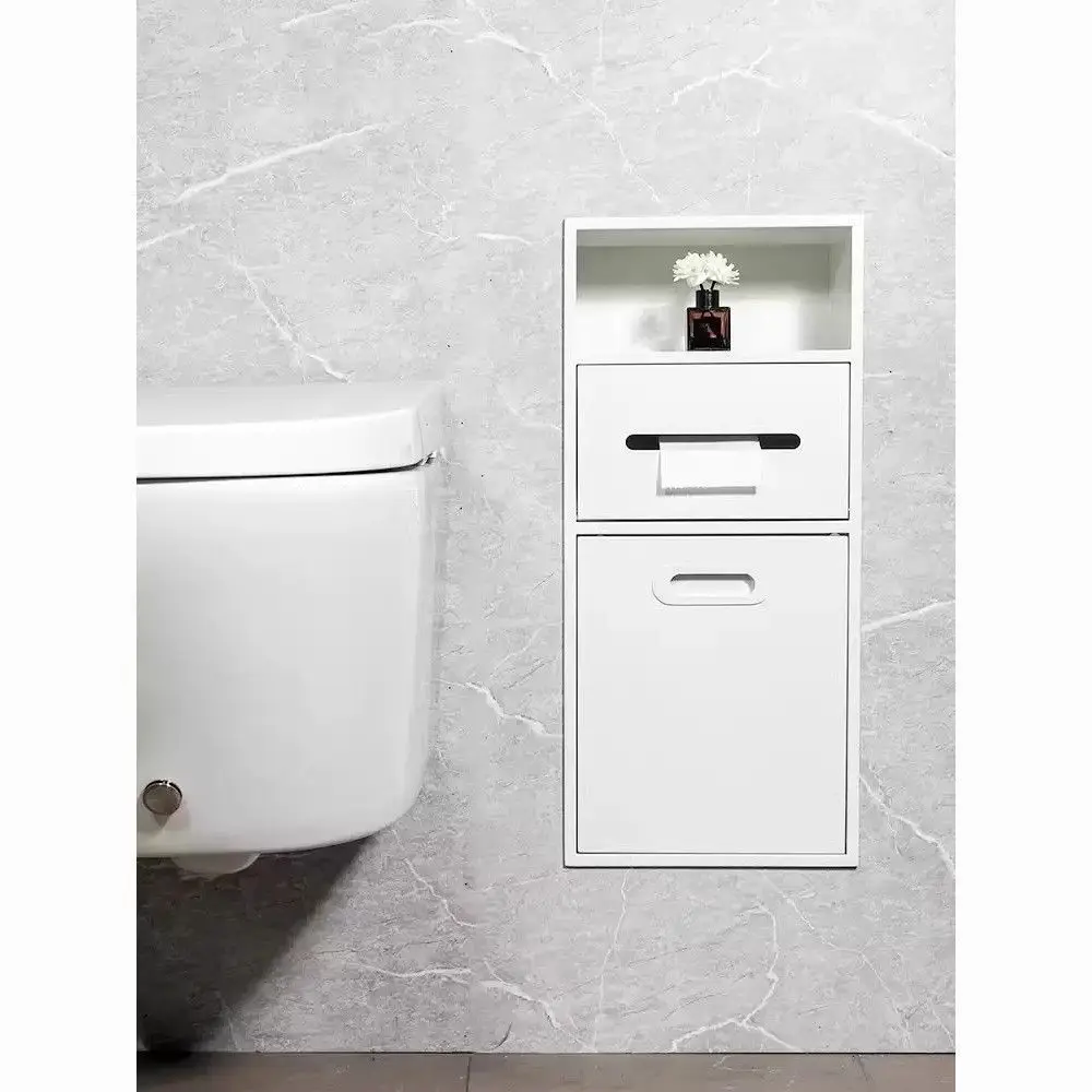 Stainless Steel Recessed Bathroom Wall Niche, Embedded Storage Cabinet with Tissue Holder & Hidden Trash Bin for Toilet