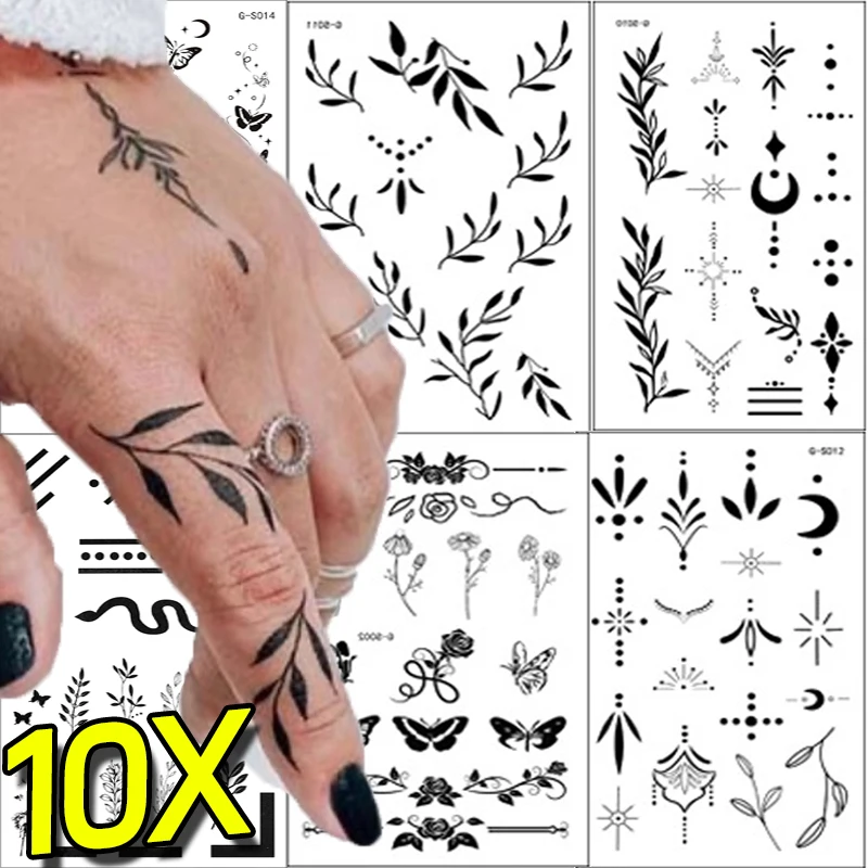 Butterfly Leaf Finger Temporary Tattoo Stickers Black Moon Star Snake Hands Art Waterproof Tattoos Women Men Tattoo Decoration