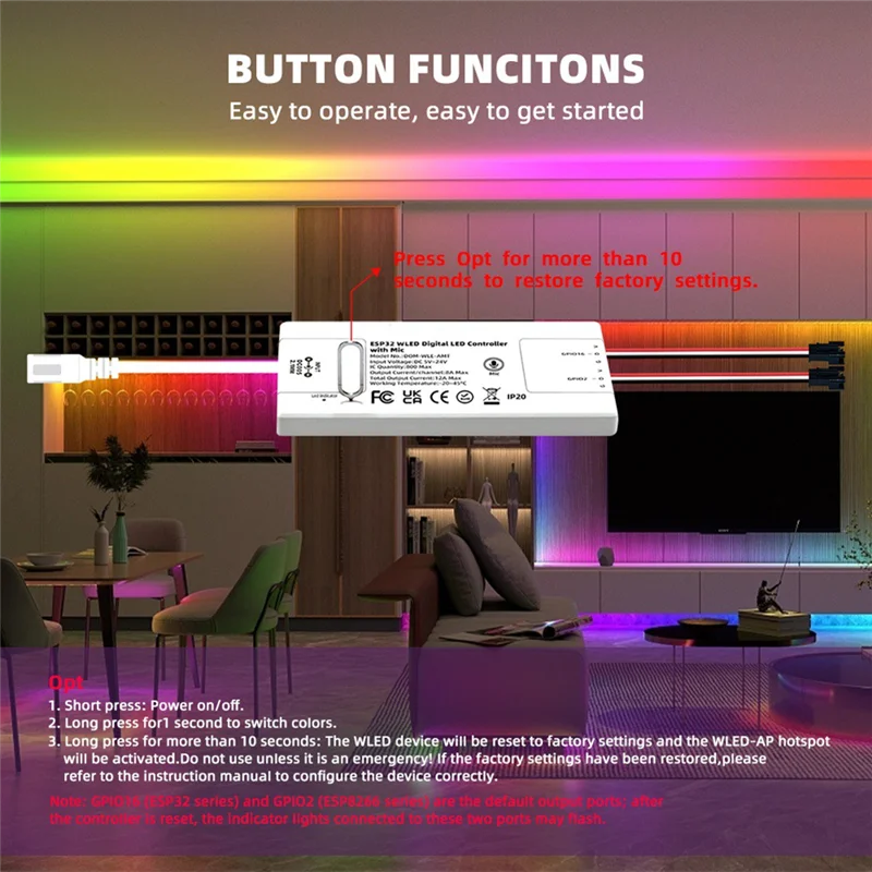 

JABS-WLED ESP32 Двухканальный интеллектуальный контроллер Wi-Fi RGB Контроллер светодиодных лент 5-24 В Макс. 12 А 800 микросхем Сертифицированный ЕС GPIO16 2,4G