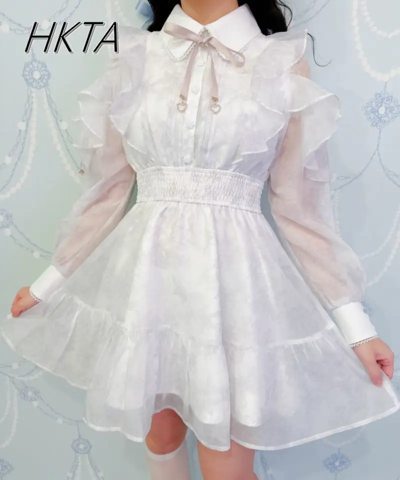 

Rojita Dress Japanese New Sweet Floral Short Dress Women Spring Summer New Sweet Mine Clear Tie Ribbon Flying Long Sleeve Dress