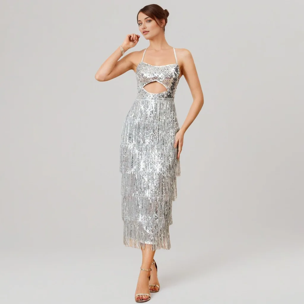 Abiti da sera da cocktail party con spacco posteriore a vita alta con bretelle in paillettes tinta unita Abito medio e lungo Vestido