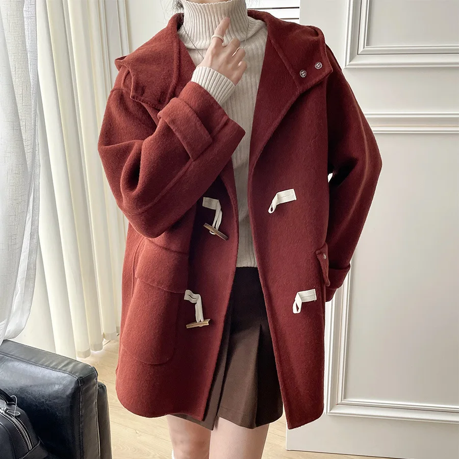 Temperament Hooded woolen jacket Winter clothing New loose medium and long horn buckle coat Women