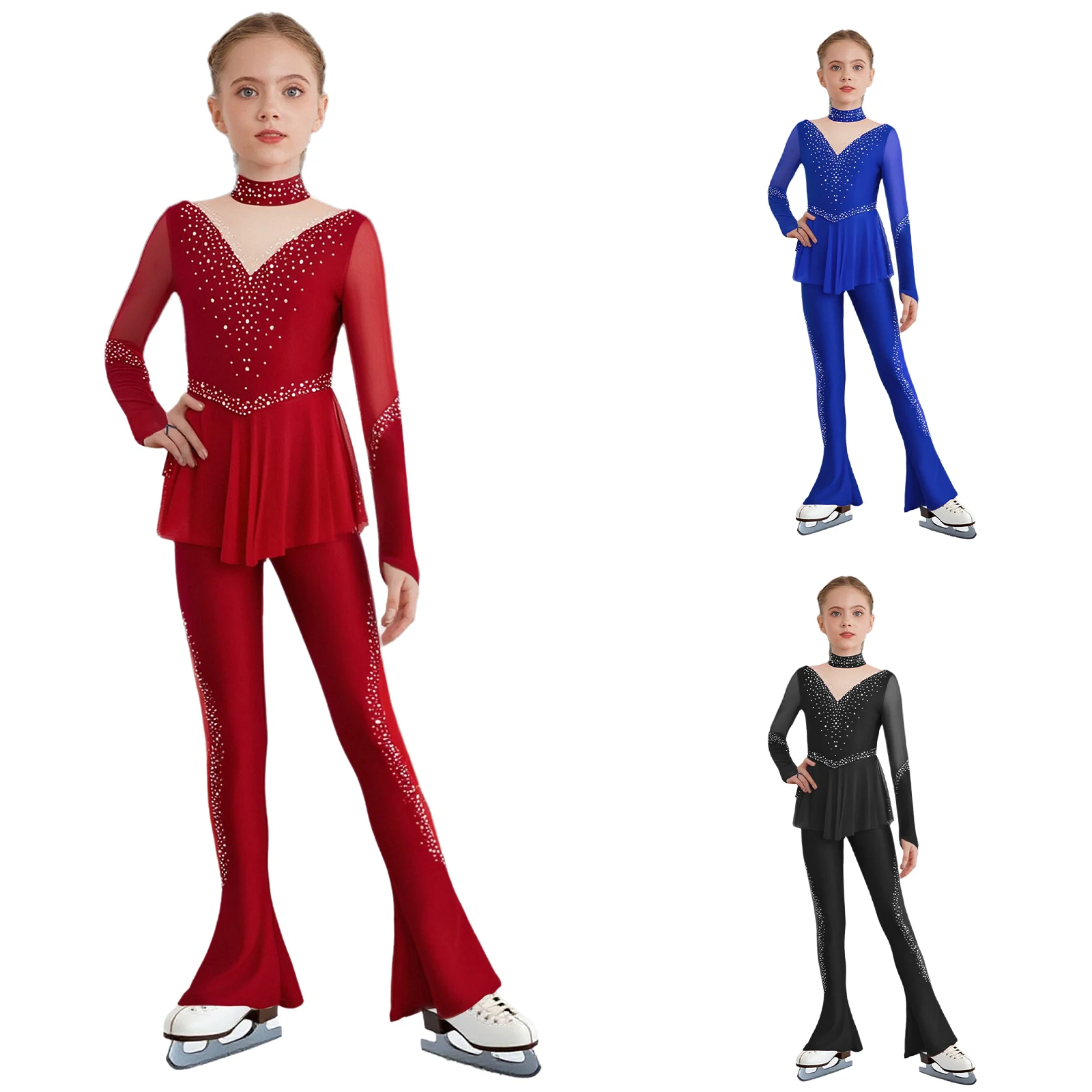 Girls Figure Skating Gymnastics Leotard Shiny Rhinestones Long Sleeves Sheer Mesh Jumpsuit Ballet Dance Acrobatics Yoga Costume