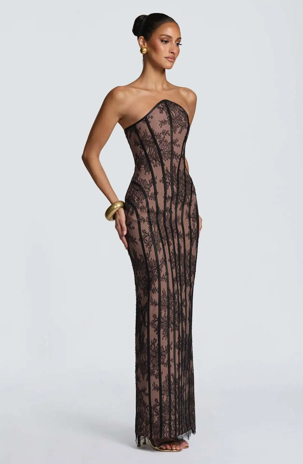 Women Strapless Lace Corset Evening Dress Boned Column Long Gown Lace‑Up Back Sheer Formal Party Maxi Dress