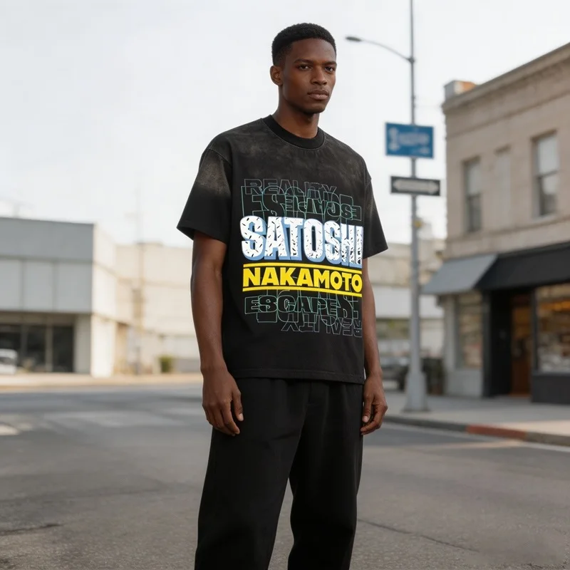 Satoshi Nakamoto Retro Glitter Letterprint Trendy Brand Washed and Weathered Loose-Sleeved Short-Sleeved T-Shirt