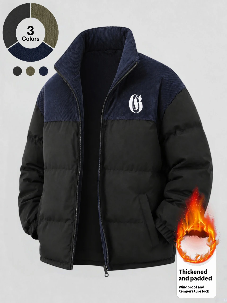 Autumn Winter Men Spliced Padded Jacket, Corduroy Color Block Panel, Zip Stand Collar, Thick Filling Windproof Warm, Chest Letter Print, Loose Fit, Multiple Colors, Warm Casual Coat