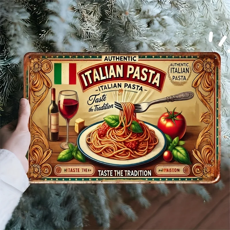 Vintage Italian Pasta & Wine Metal Wall Sign - Rustic Iron Art with 