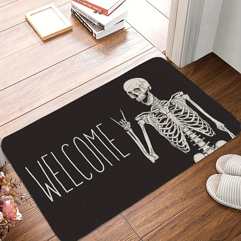 Eine Halloween-Themen-Schädel-Bodenmatte „Welcome“ für Innen- und Außenteppiche, geeignet für Party-Dekoration und langlebig
