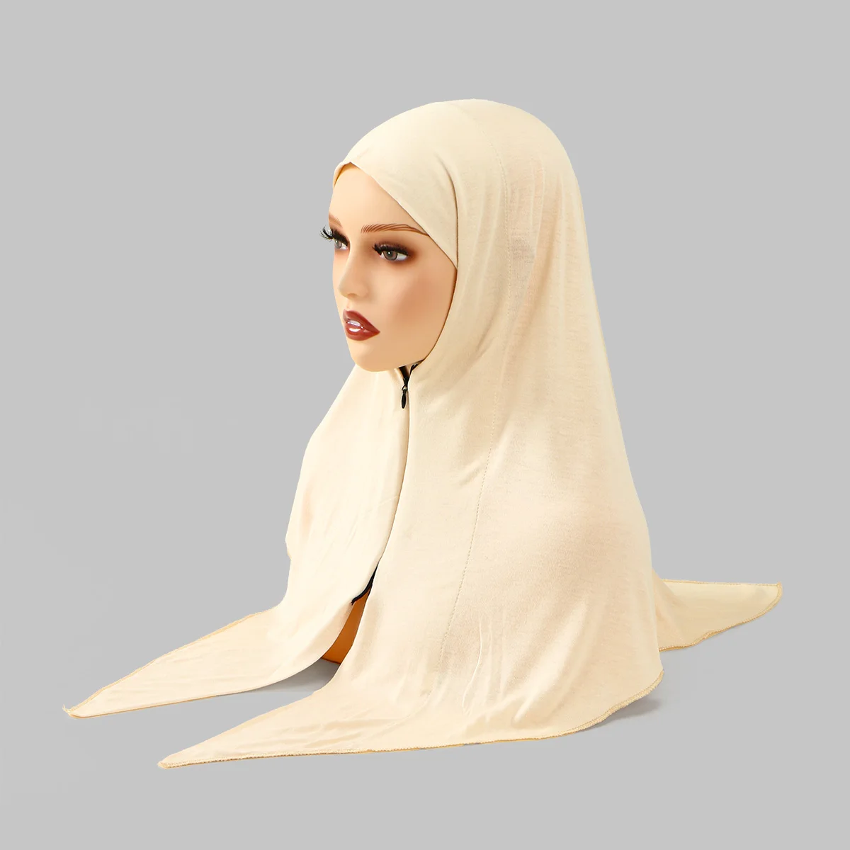 ジッパーデザインのムスリムヒジャブ、無地グレーのインスタントスカーフ、実用的で控えめなイスラムのヘッドスカーフ、女性の民族ファッションと日常使いに