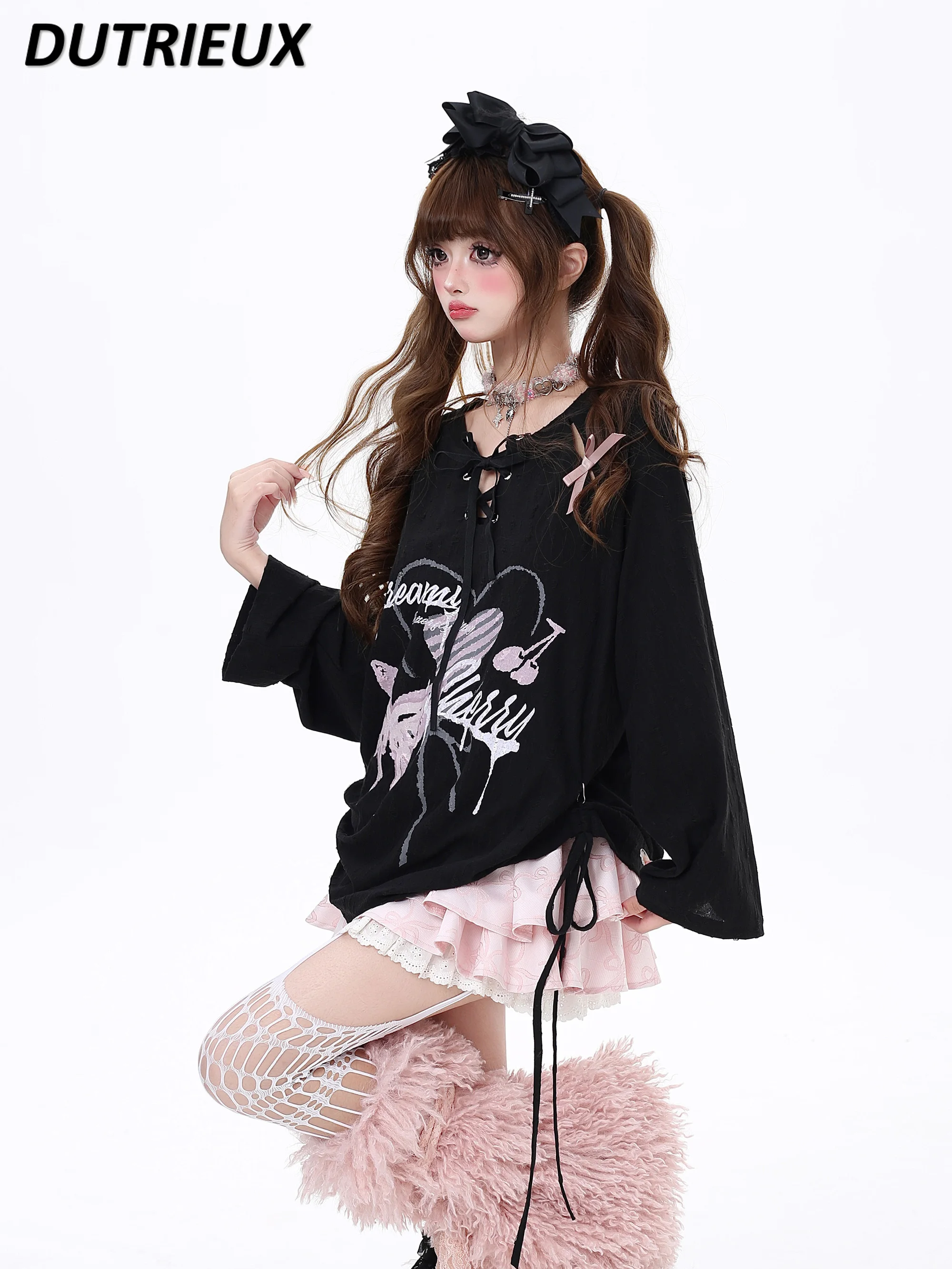 

Japanese Style Original Sweet Cute All-matching Girls Y2k Tied Tops Stitching Drawstring T Shirt Black Long Sleeve T-shirt