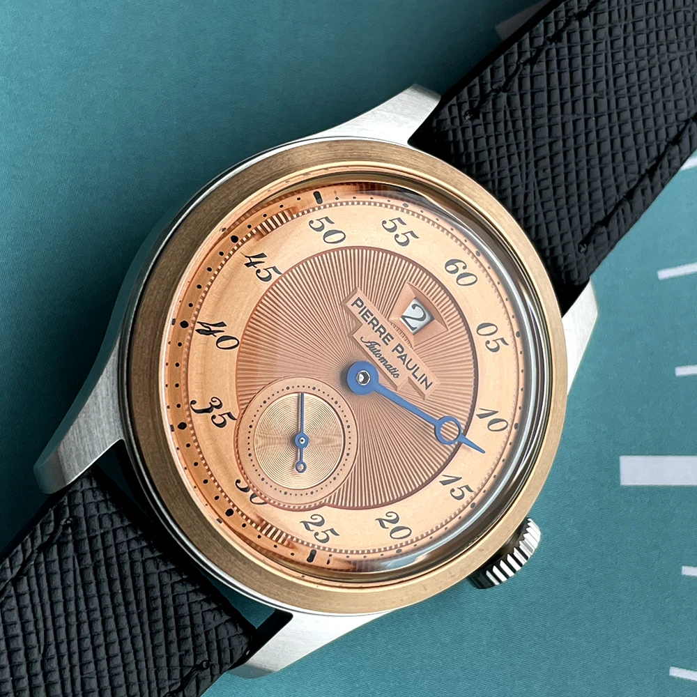 بيير بولين القفز ساعة الرجال ساعة البرونزية الحافة سمك السلمون الهاتفي التلقائي St1721 ساعة ميكانيكية خمر نافذة التاريخ 38 مللي متر الموضة