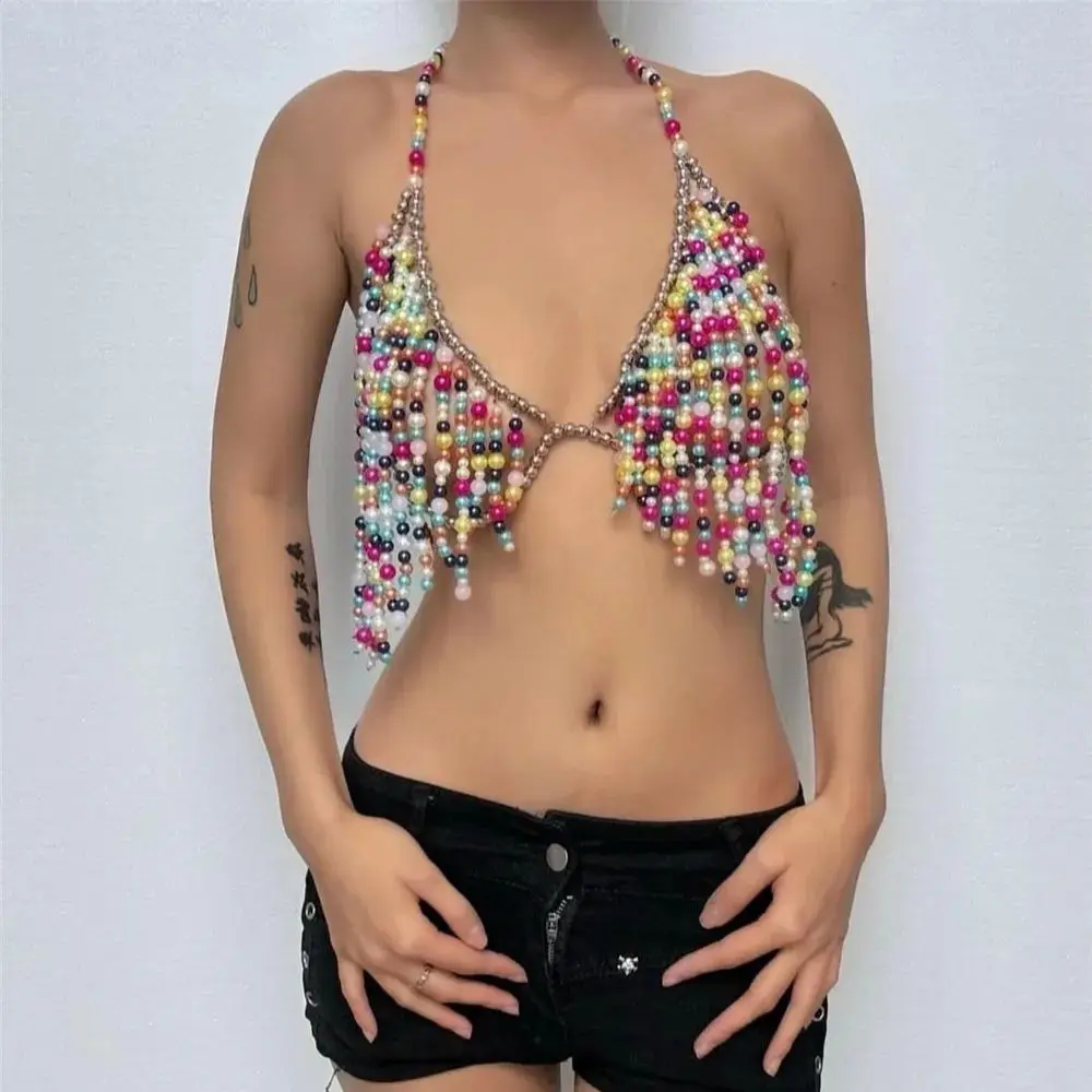 

Топ с бретелькой на шее ручной работы в богемном стиле Y2k Millennial, сексуальное многослойное ожерелье, ниша, креативная ажурная цепочка для тела