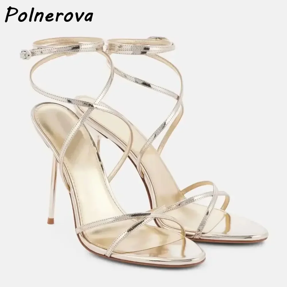 

Mirrored Leather Sandals Ankle Band Light Gold Cross Tied Thin Heels Women's Sexy Shoes Summer Elegant Party Stiletto Shoes