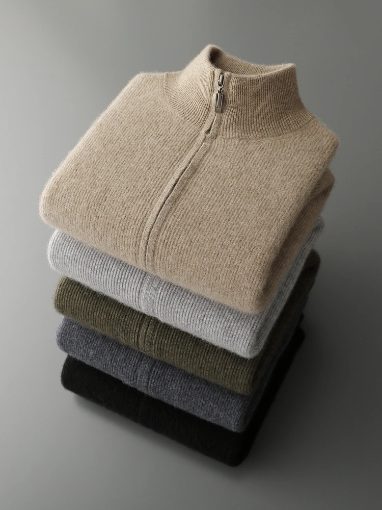 

Men's Zipper Mock Neck Cardigan Pure Cashmere Sweater Thicken 100% Cashmere Knitwear Autumn Winter Sporty Style Outerwear Top