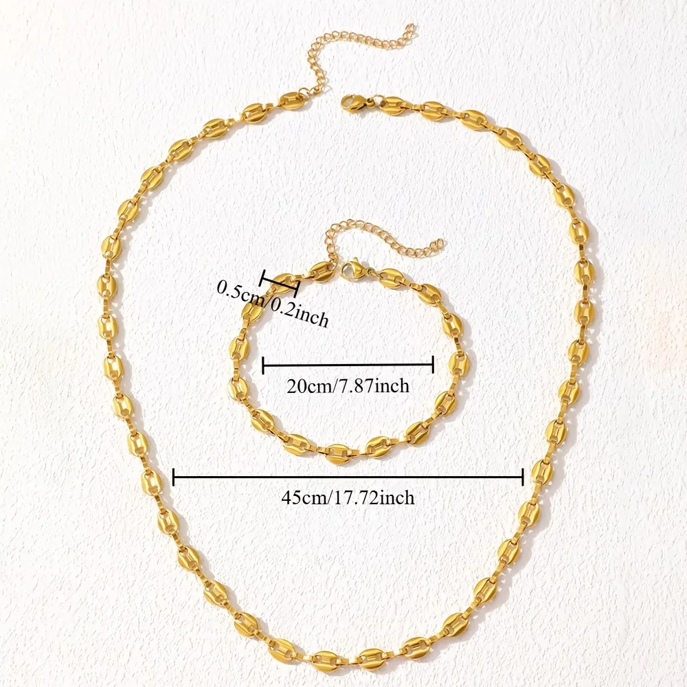 Luxuriöses Mode-Schmuckset aus Edelstahl mit Kaffeebohnen-Halskette und -Armband für Damen und Herren, 18K Vergoldeter Vintage Schweinenasen-Schmuck – Detail 1