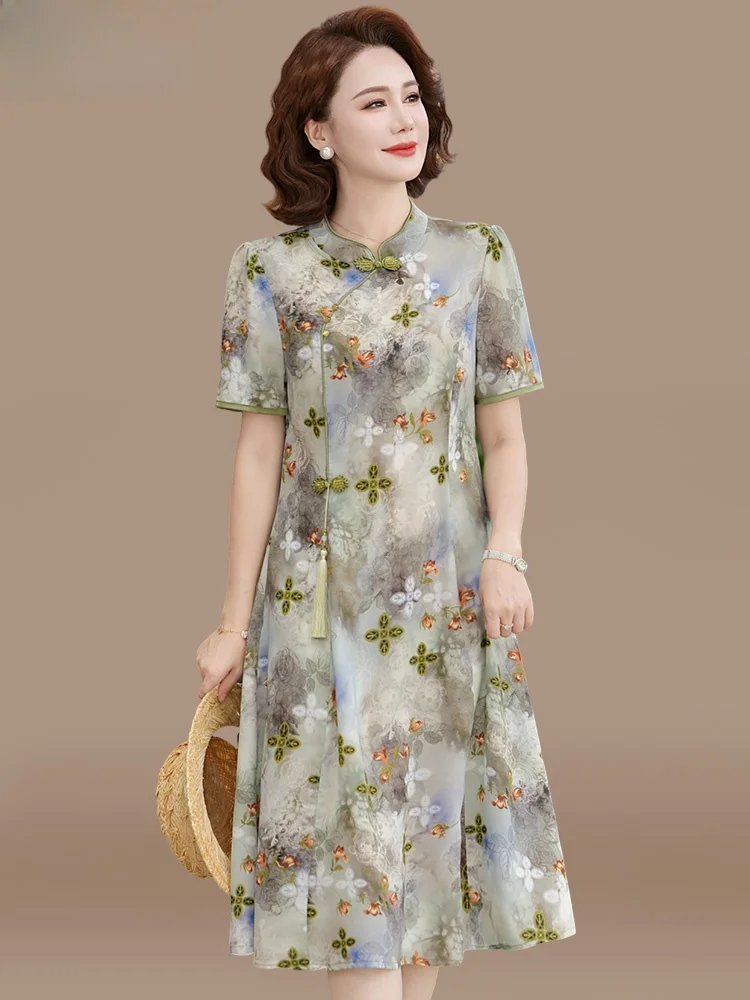 

Новое китайское платье-ципао с коротким рукавом для женщин среднего возраста, летнее модное свободное платье миди с цветочным принтом