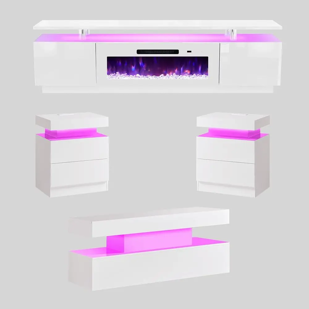 

Modern 5-Piece White Living Room Table Set with 80 TV Stand, 2-Tier Coffee Table, and Charging Stations