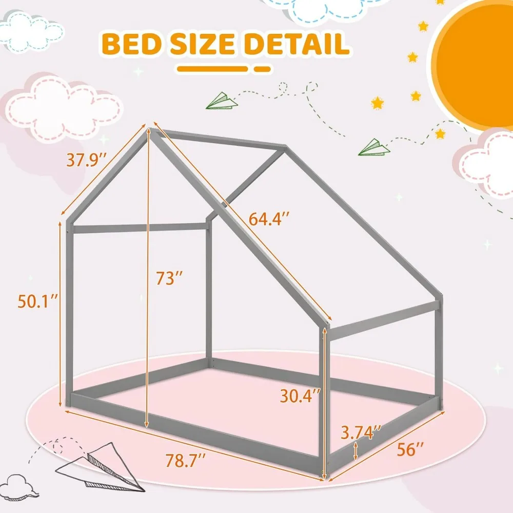 Marcos de cama de tamaño completo con techo para niños, forma de casa de madera Montessori, estructura resistente, fácil montaje, sin ruido