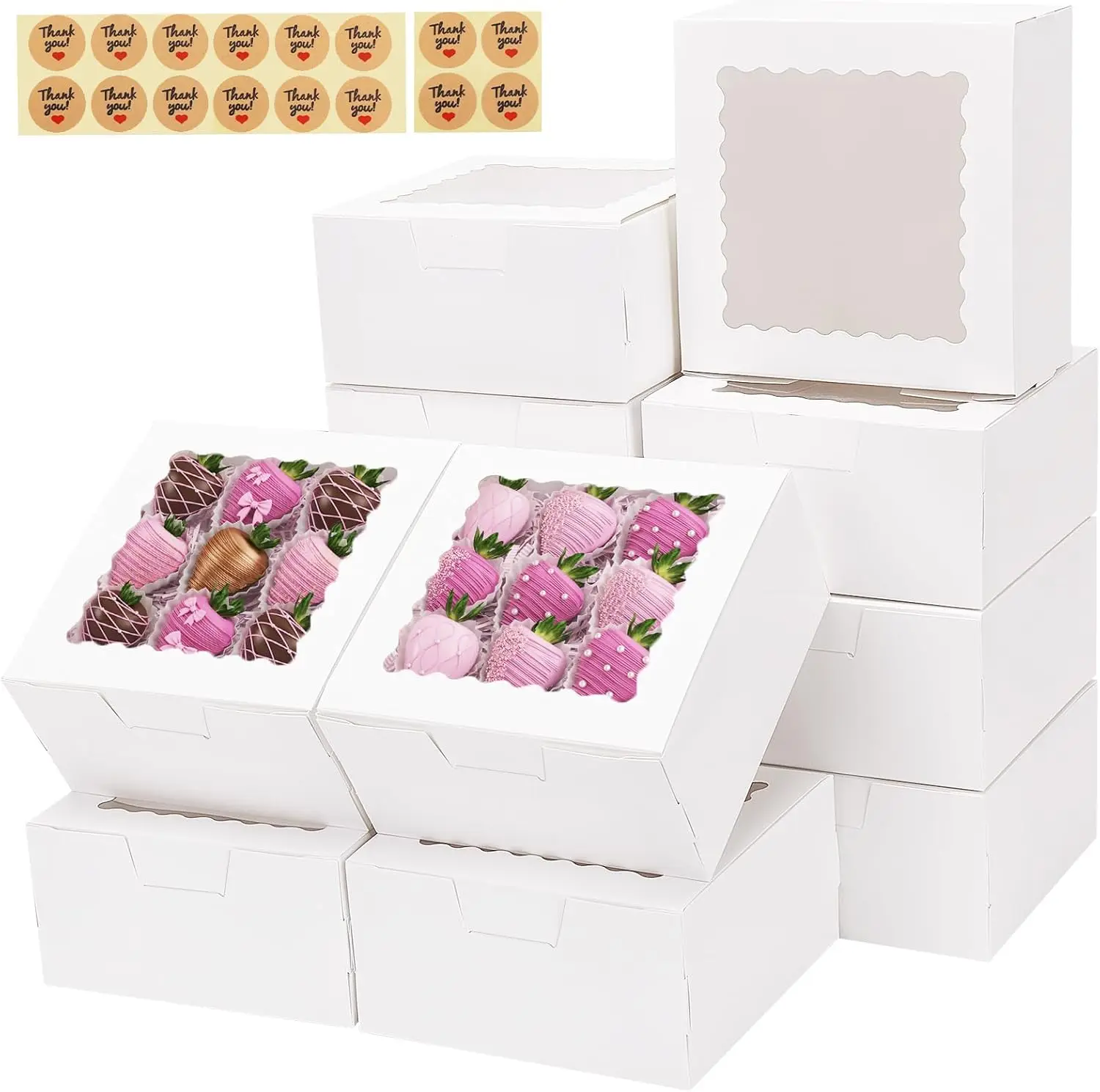 

16pcs Cookie Boxes with Window, 6x6x3 Inches Bakery Boxes for Treats, Chocolate Covered Strawberries, Cupcake, Pastry, with