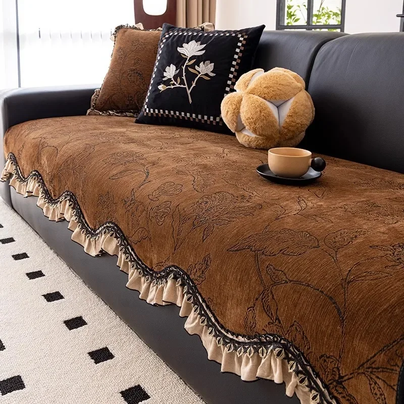 Classical Printed Sofa Cushion with Lace High-End Chenille Wear-Resistant Couch Covers Easy-Care Anti-Slip Protection Seat Pads