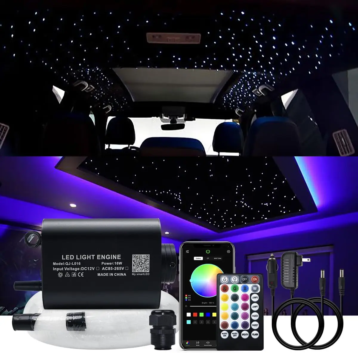 

16W Bluetooth App Control Fiber Optic Light Source Rgbw Lamp Beads Music Activated 28-Key Remote Control for Car Headliner Stars
