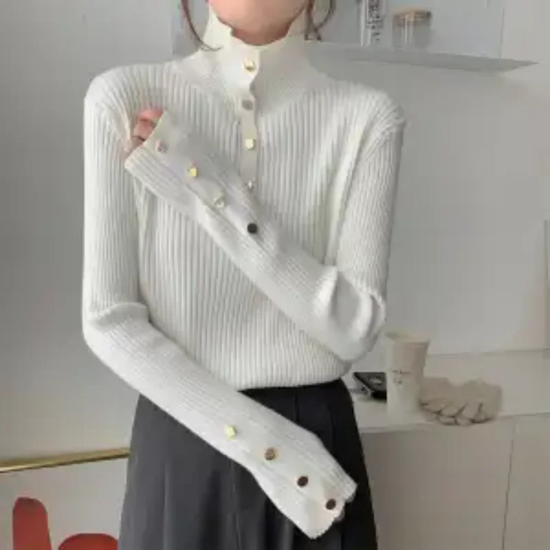 Herbst und Winter Slim Pit Gestreifter Rollkragenpullover Eleganter Button-Down-Strickpullover