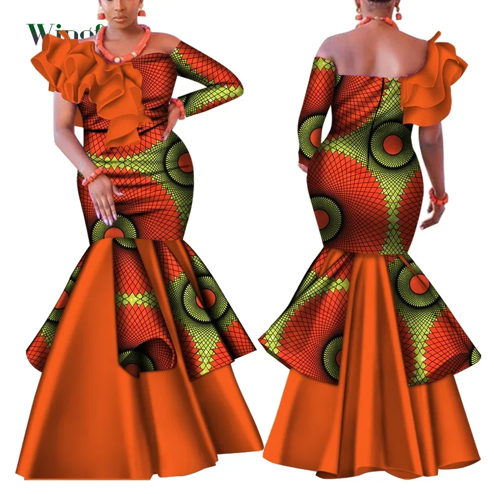 Dashiki African Dress for Women Bazin Riche One-Shoulder Sexy Slash Neck Wedding Party Dress Traditional African Clothing WY4224