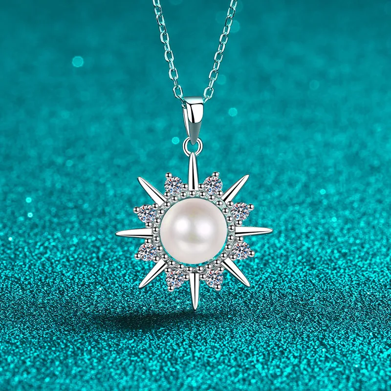 S925 Sterling Silver Necklace 8mm Pearl 0.3ct Moissanite Sunflower Pendant for Women