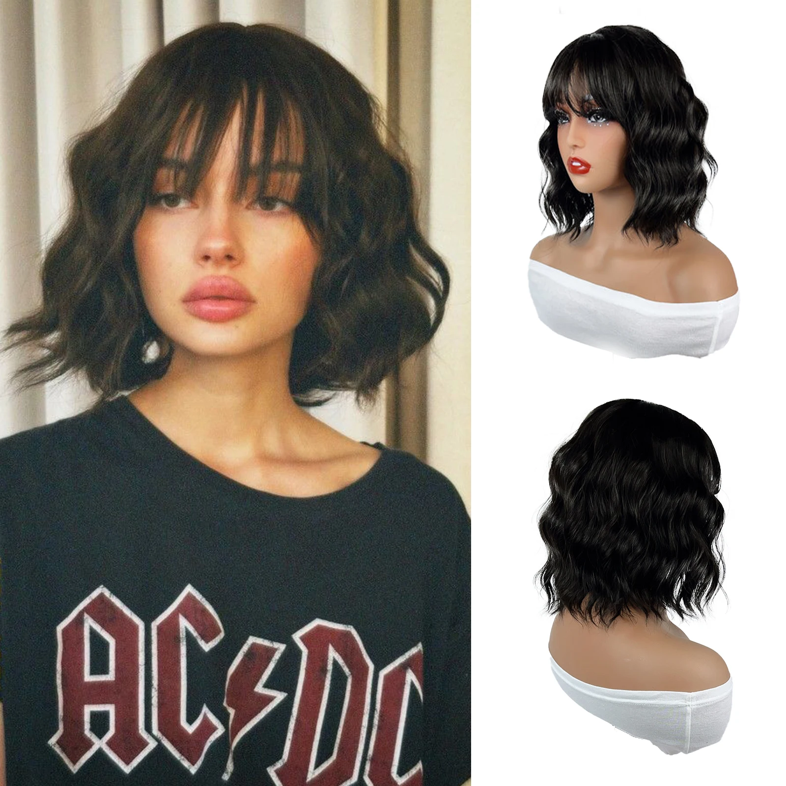 

Black Wigs for Women Short Wavy Curly Bob Wig with Bangs Shoulder Length 12 Inches Synthetic Hair for Daily Party Use