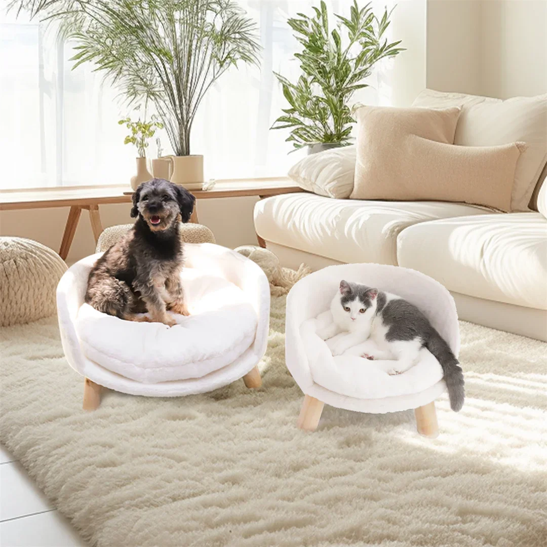 

Customizable Luxury Cat Bed Soft Warm Plush Fabric Pet Nesting Chair Bed Stool Wood Legs