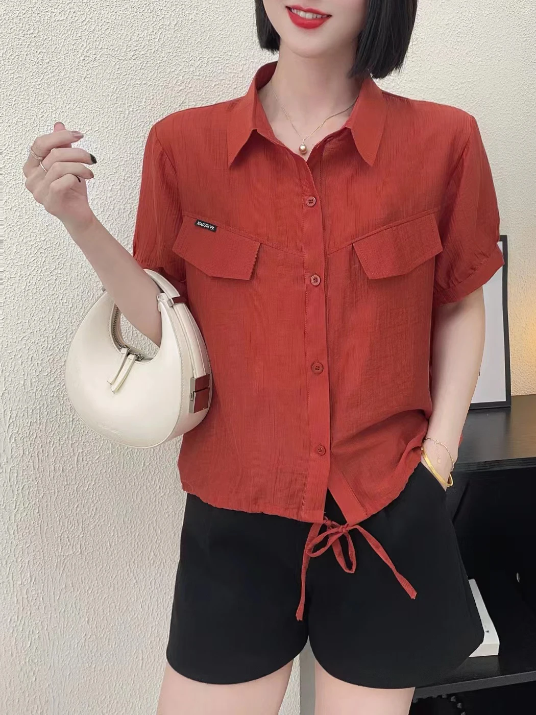 Women's Summer 2024 Fashionable Solid Color Soft Tencel Lyocell Short-Sleeved Blouse with Korean Style and Drawstring Waistband