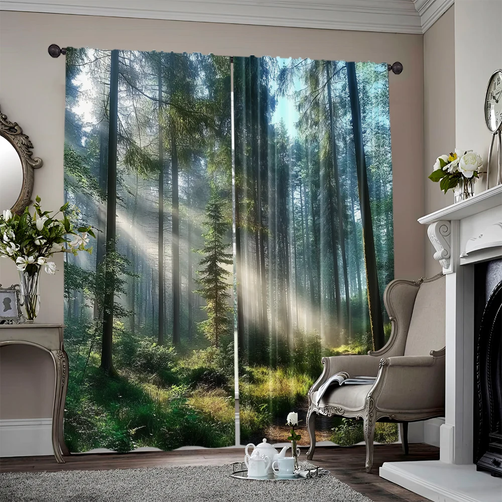 2pcs, 2D flat printing Scene Curtain Forest Sunlight Path Fine Art Versatile Polyester Fabric,Without Electricity Family Party