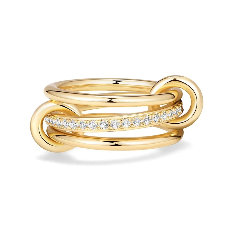 Edelstahl vergoldeter Zirkon dreischichtiger gestapelter runder Ring für Frauen nicht anlaufende ineinandergreifende Ringe Set Trend Schmuck Geschenk