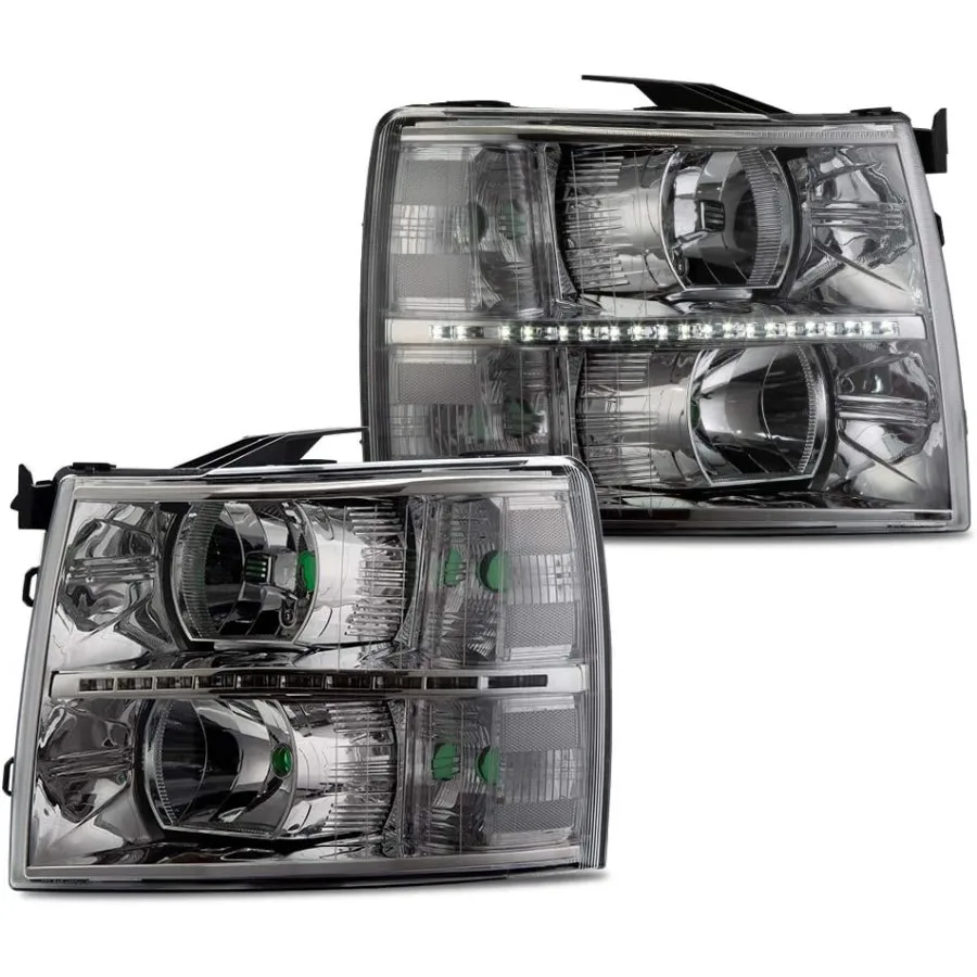 

LED DRL STRIP Clear Lens Chrome Housing Headlights Assembly Compatible with 2007-2013 Chevy Silverado 1500 Fit 2007-2014 Silvera