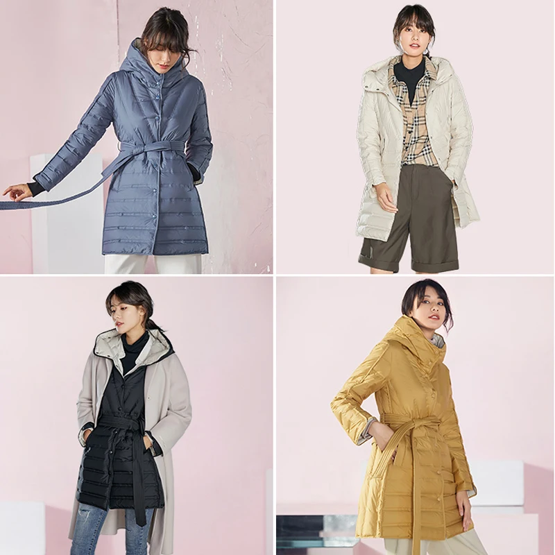 Chericom Women's Mid-Length Down Jackets Belted Lightweight High-neck Hooded Puffer Coats Warm Winter Padded Jacket Y258103Y