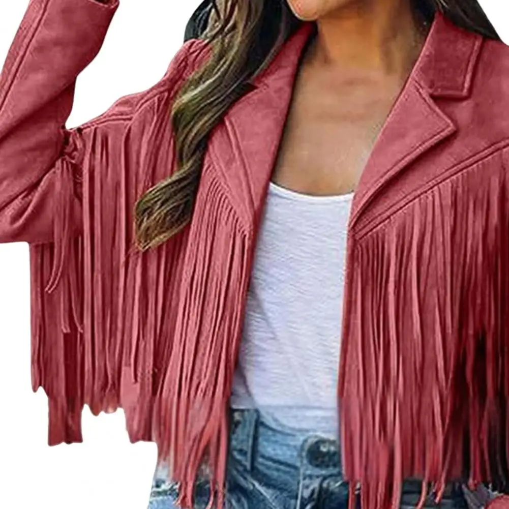 2026 Women Coat Turn-down Collar Long Fringe Solid Color Long Sleeves Cardigan Loose Short Type Hip Hop Streetwear Club Jacket