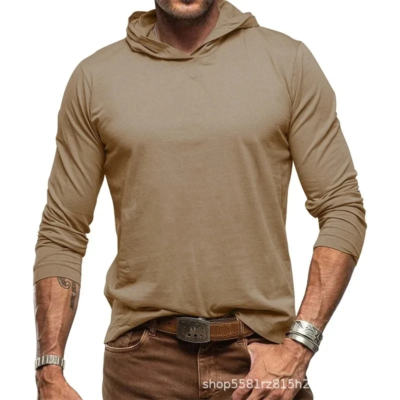 

2025 Autumn Winter New Fashion Men's Solid Color Casual Trendy Loose Hooded Long Sleeve Cotton Outdoor Undershirts Male Clothes