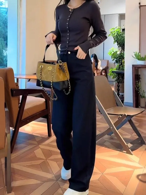 

Широкие повседневные брюки больших размеров для женщин: модные, простые, американского стиля, с высокой талией, прямые, облегающие, в стиле трубы