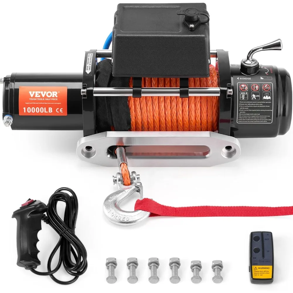 

10,000 lb Capacity Electric Winch for Truck, Trailer, and Jeep, 12V DC, 7/20 in x 65 ft Synthetic Rope, Aluminum Fairlead, Wirel