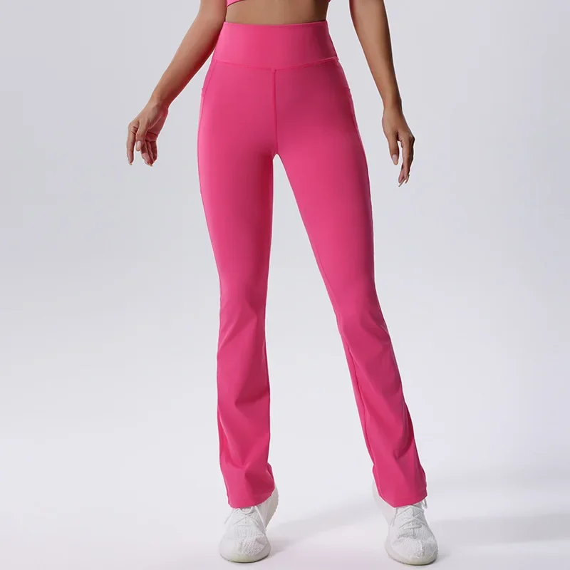 Women High Waist Yoga Pants Solid Color Side Pocket Flared Trousers Super Stretch Wide Leg Gym Pants Breathable Sportswear