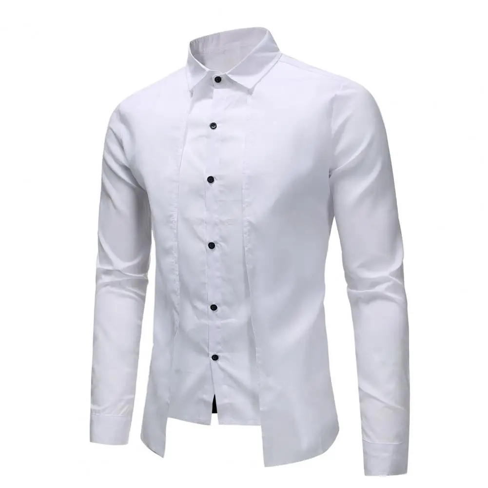 Men Shirt Lapel Single Breasted Solid Color Fake Two Pieces Long Sleeve Shirt For Work