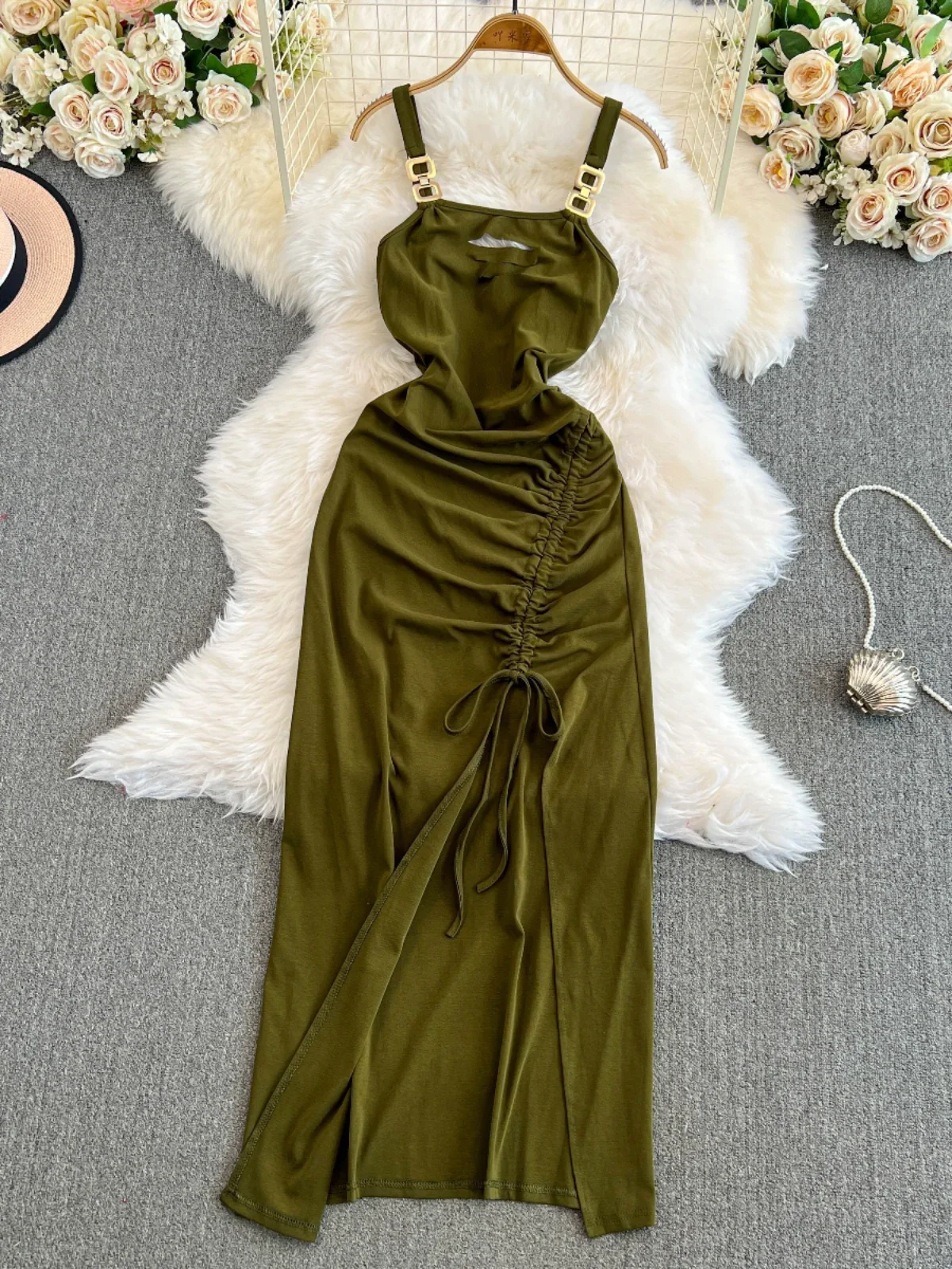 Foamlina Live Streaming Host  Backless Strap Dress 2024 Pure Lust Sexy Hollow Hole Slim Drawstring Split Suspender Dress Woman