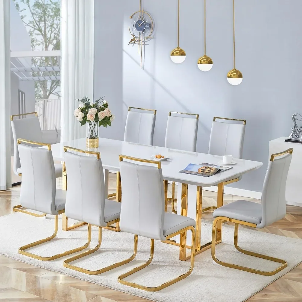 Dining Table Sets,Topwith Stainless Steel Gold Base,Modern Kitchen Room Tables Set 8 Dinings Chairs,Gold Luxury Dining Table Set