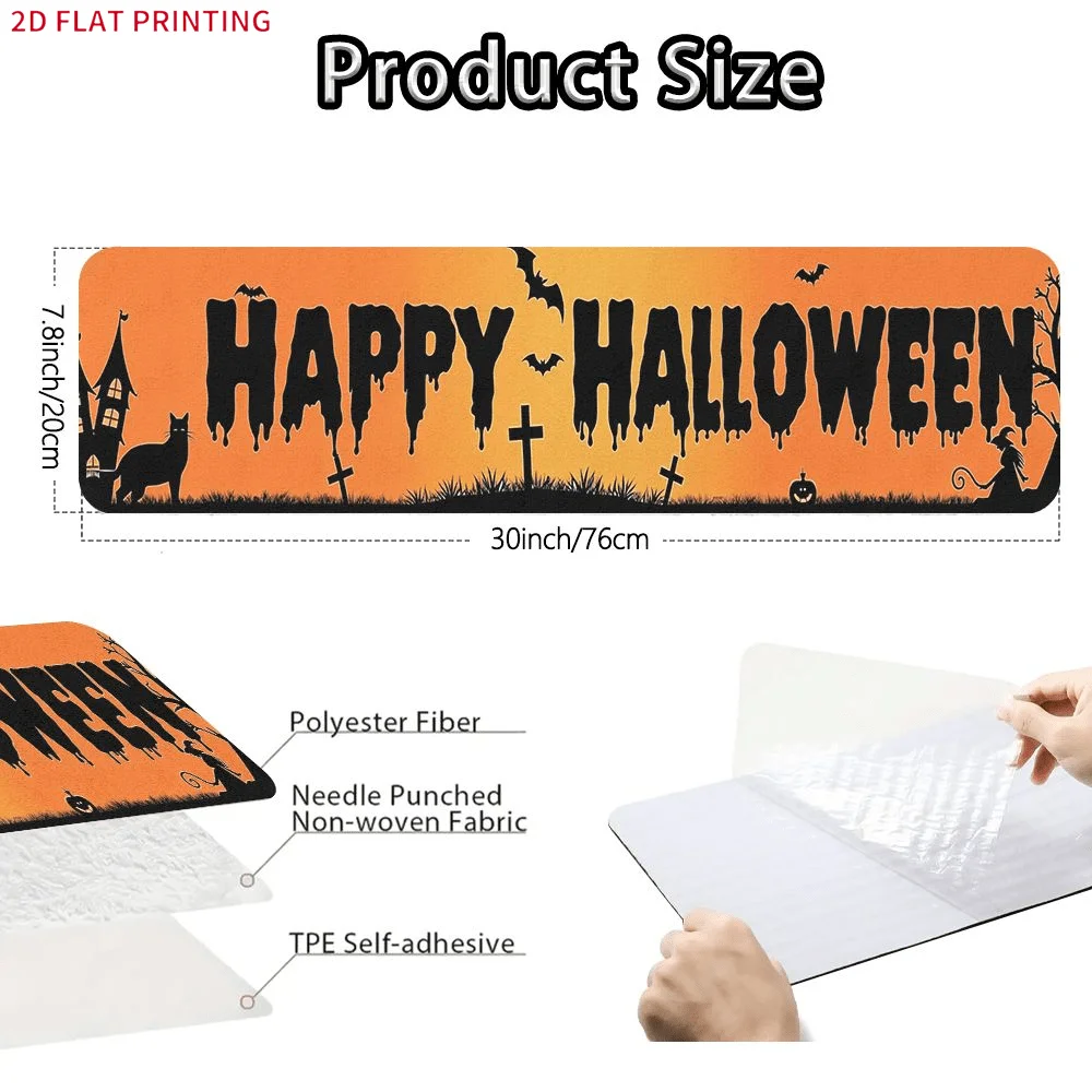 2D FLAT Printing Set of Stair Mats, Happy Halloween Orange Black Silhouette Stair Treads, Easy to Clean Stair Tread Carpets