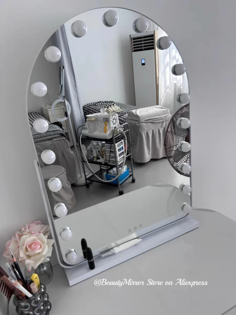 Arched Makeup Mirrors Cosmetics Beauty Mirror with Lights Touch Screen Dimming Tabletop Plug in 360 Rotation with 10x Magnifying