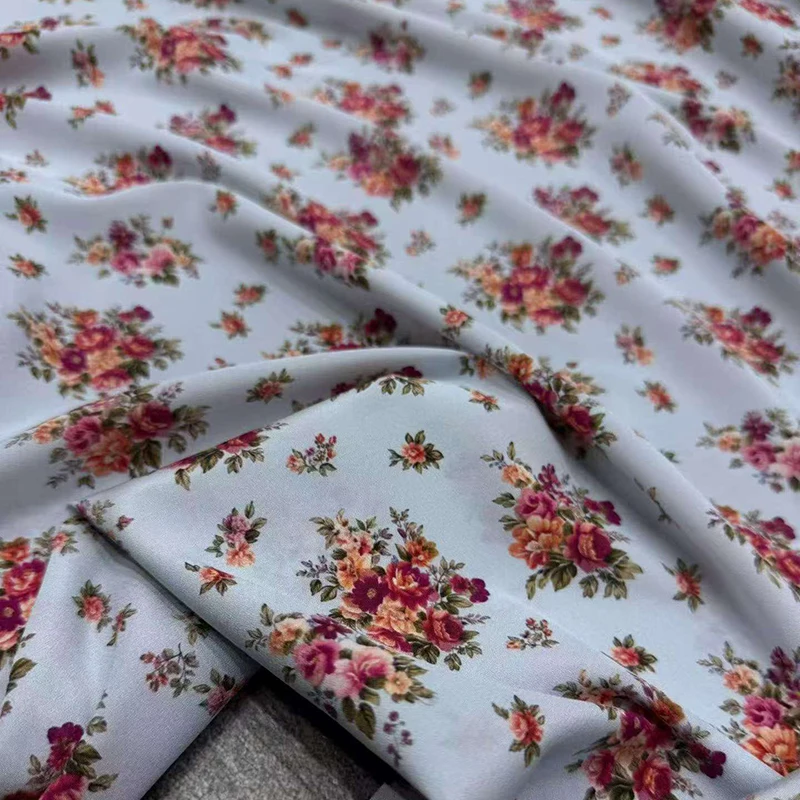 Purple Floral 18MM Thin Blue Silk Crepe de Chine Fabric for Summer Dress Pants Four-season Pajamas DIY Sewing Material R7128