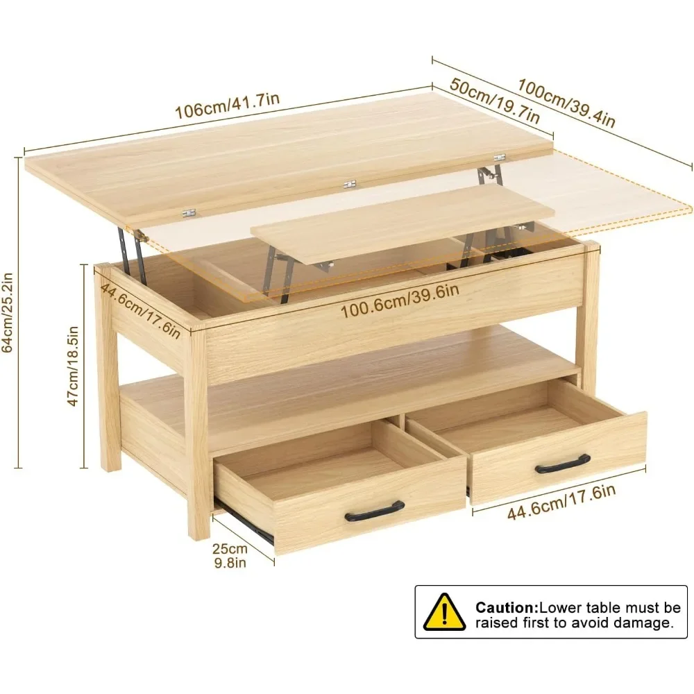 Mesa de centro multifuncional com gavetas, compartimentos ocultos, mesa de café converte mesa de jantar, 3 em 1